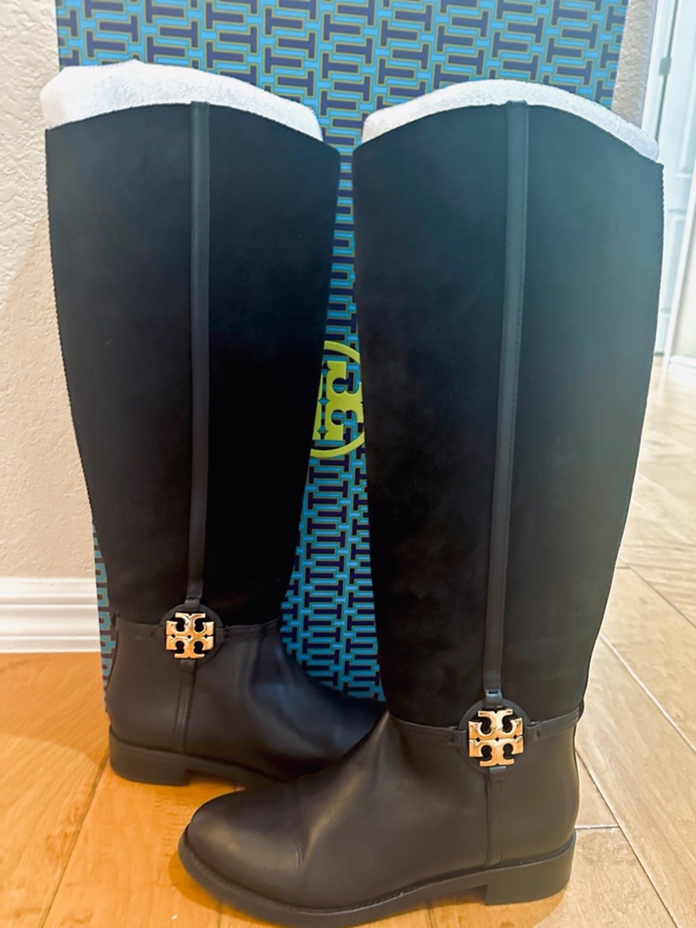 Tory Burch Black Leather and Suede Tall Riding Boots with Gold Logo Accent